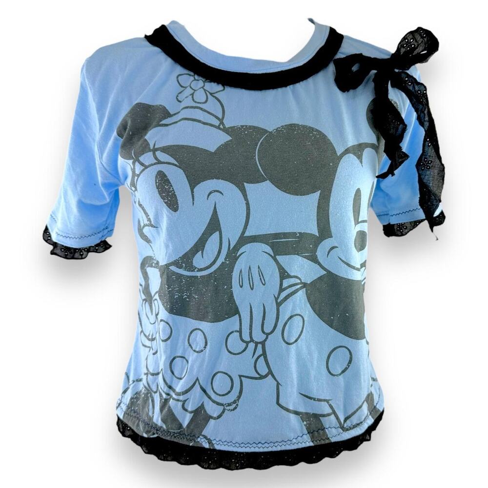 Minnie & Mickey Mouse Disney Blue Babydoll Upcycle Bow Tee Sz M